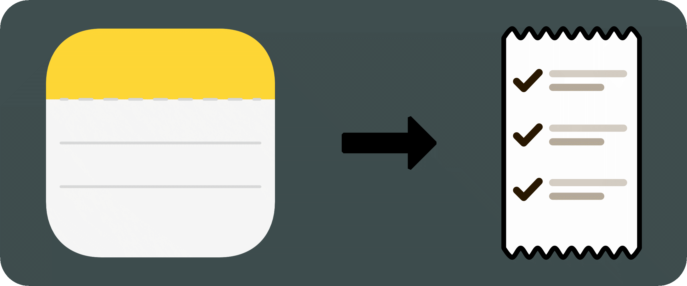 Apple Notes Icon, arrow to the right, printed receipt