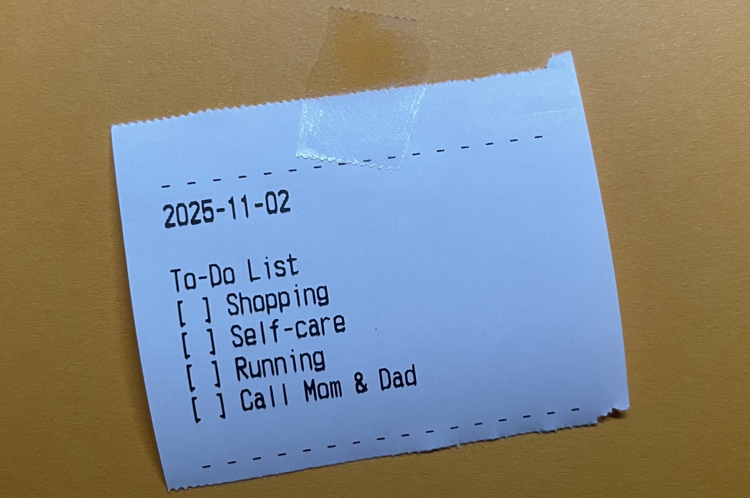 The final result: a receipt to-do list printed from Apple Notes.